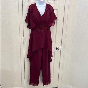 Wedding Pant Suit Maroon Red Sheer Ruched Cap Sleeve Embroidered Beaded Elegant